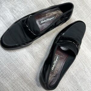 Salvatore Ferragamo Black Patent & Fabric Loafers – Size 9 – Made in Italy